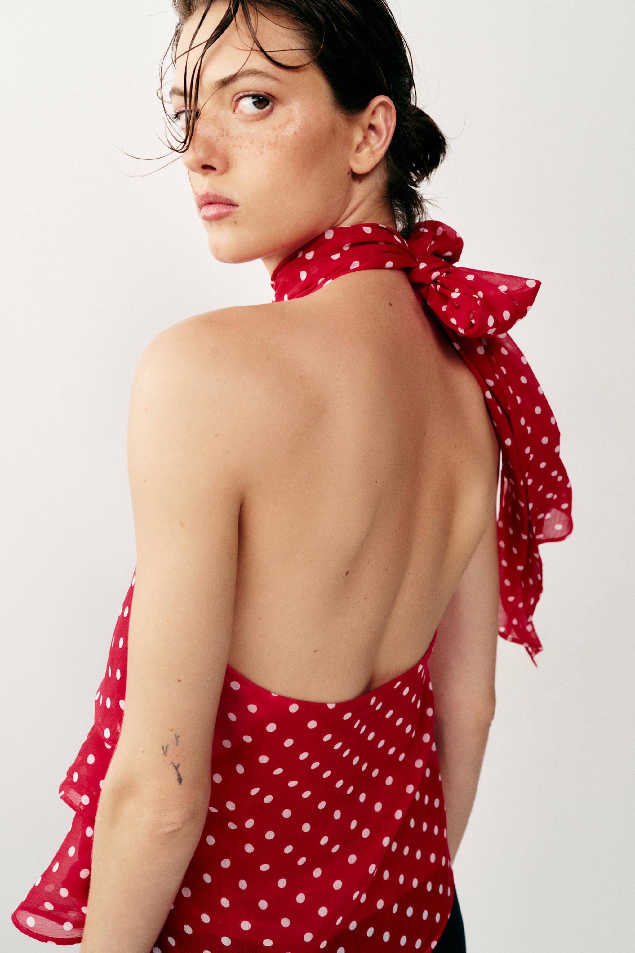 RUFFLED POLKA DOT HALTER TOP